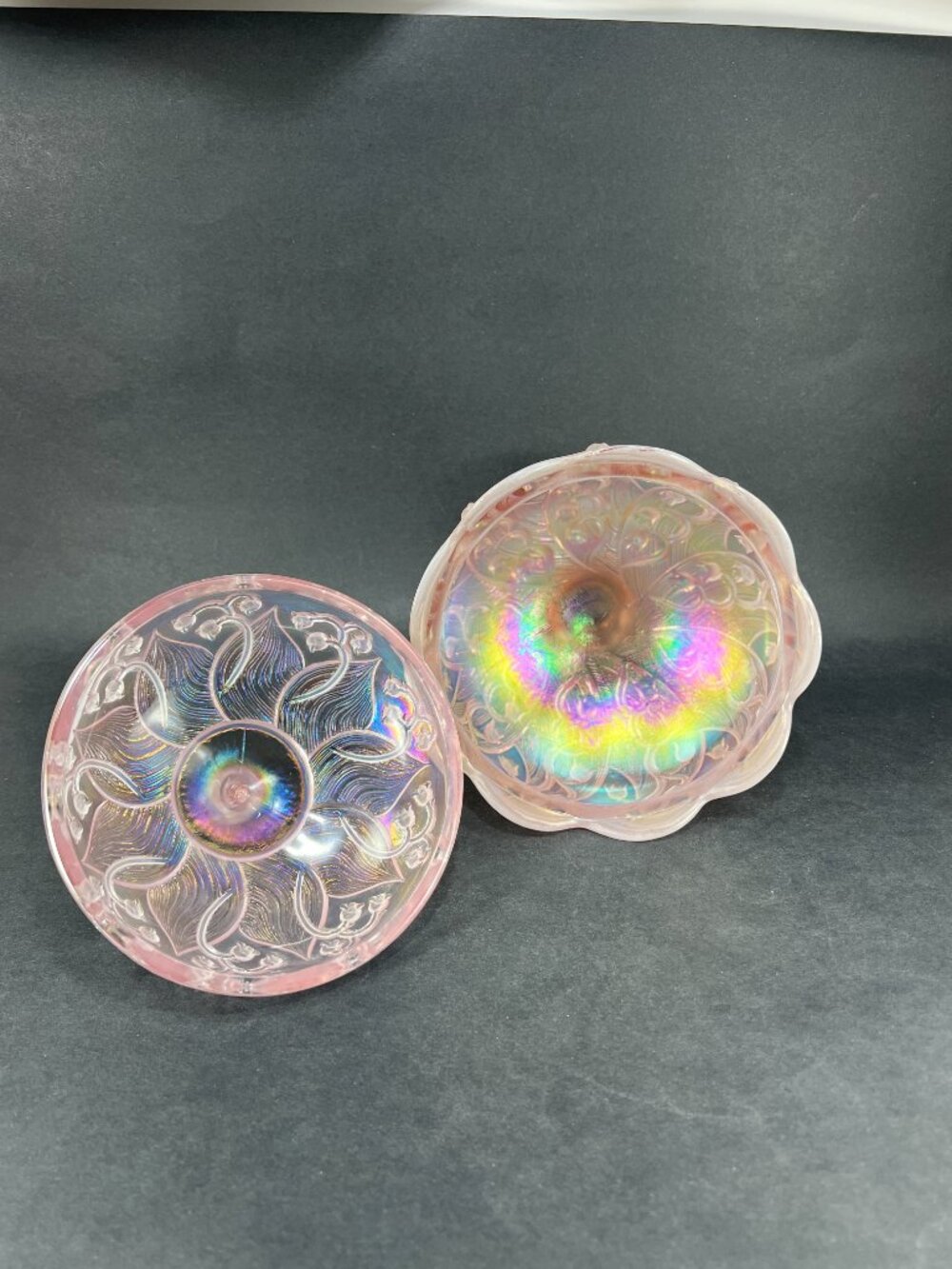 Vtg Fenton Lily Of The Valley Art Glass Pink Opalescent Carnival Iridescent Lid - Picture 4 of 16